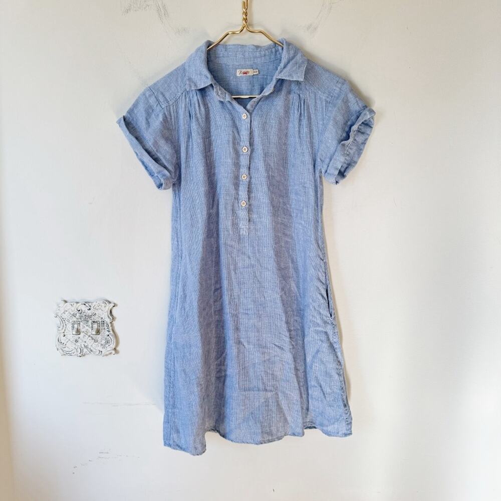 Faherty Hana Blue Basketweave Linen Shift Shirt Dress Pockets XS - Picture 5 of 11
